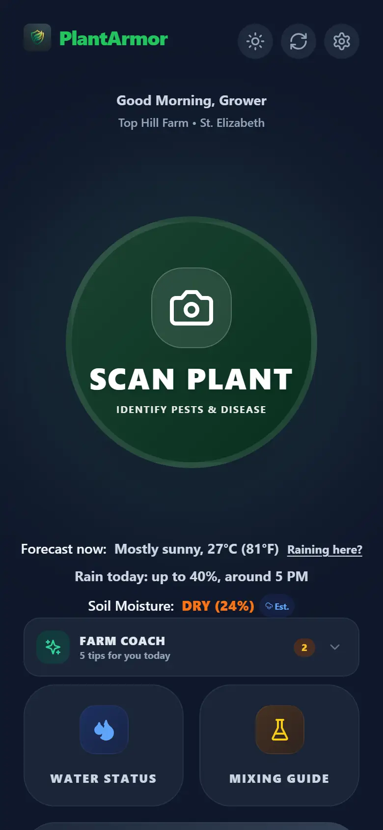 PlantArmor's home screen for Top Hill Farm, St. Elizabeth, in dark mode