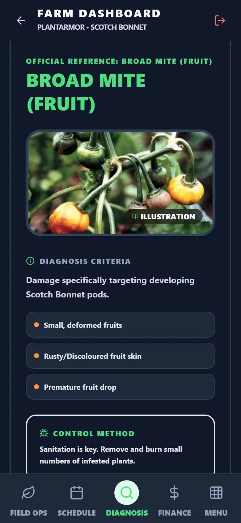 The pest library page for broad mite on Scotch bonnet fruit, with its picture and the signs to look for